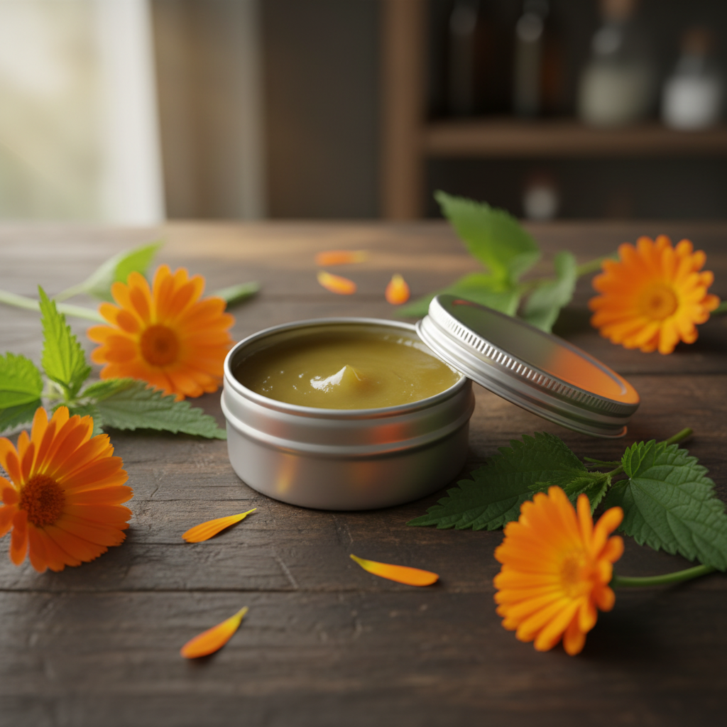 Marigold and nettle healing salve in a round metal tin, surrounded by calendula flowers and nettle leaves