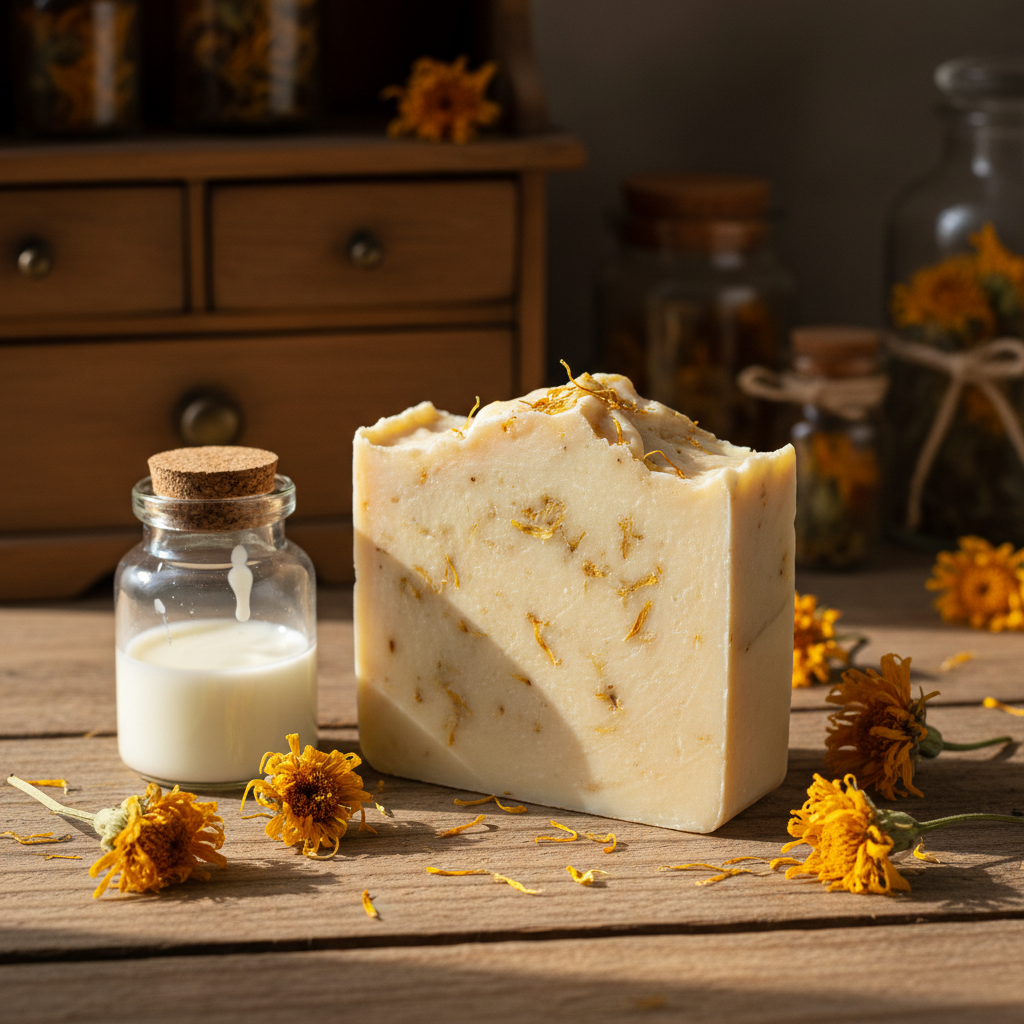 Handcrafted goat milk and calendula marigold cold press soap bar with dried flowers on a wooden surface
