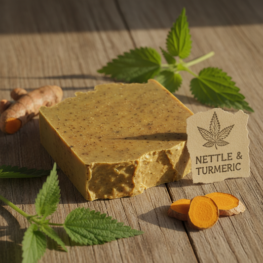 Handcrafted nettle and turmeric cold press soap bar with nettle leaves and turmeric root on a wooden surface