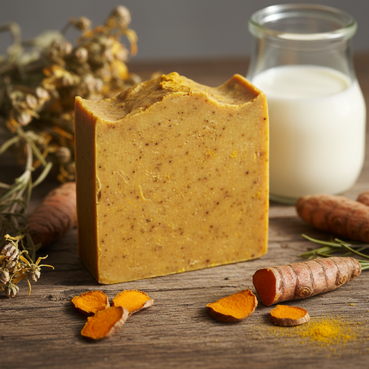 Handcrafted goat milk and turmeric cold press soap bar with turmeric root on a wooden surface